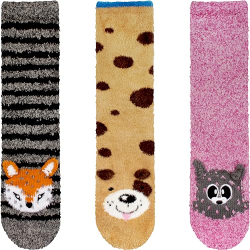 Image of BambooMN Super Soft Warm Cute Animal Face Non-Slip Fuzzy Crew Winter Home Socks, Value Pack