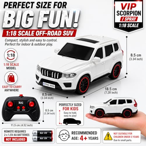 Image of The Flyers Bay 1:18 Scale Scorpio-Style Remote Control SUV Car for Kids | 2.4GHz Long Range Remote, Spray Mist Effect, Police Lights & Siren, Rechargeable Battery (White)