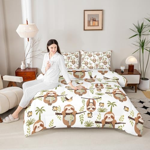 Image of Feelyou Sloth Comforter Set Twin Size, Cartoon Sloth Comforter Set Kawaii Animals Comforter Kids Toddler Botanical Branches Duvet Set with 1 Pillow Case