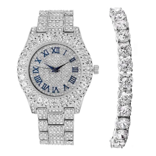 Charles Raymond Womens Big Rocks Bezel Colored Dial with Roman Numerals Fully Iced Out Watch - ST10327LA, ST10327LA SLV BLUE-RN w/TB, Hip Hop, Blinged Out, Iced Out, Luxury Dress Watch (B0BYNMPXQV) Amazon Price History, Amazon Price Tracker