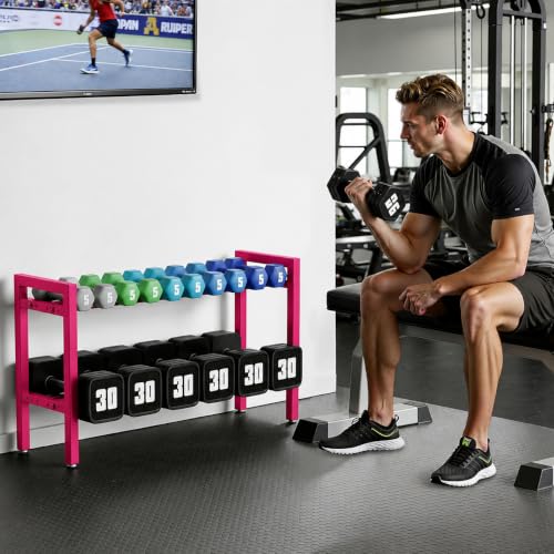Image of WINSTAR 2-Tier Adjustable Dumbbell Rack | Heavy-Duty Home Gym Weight Storage Stand for Dumbbells & Kettlebells | Space-Saving Home Gym Organizer (Rack Only, Fuchsia Pink)