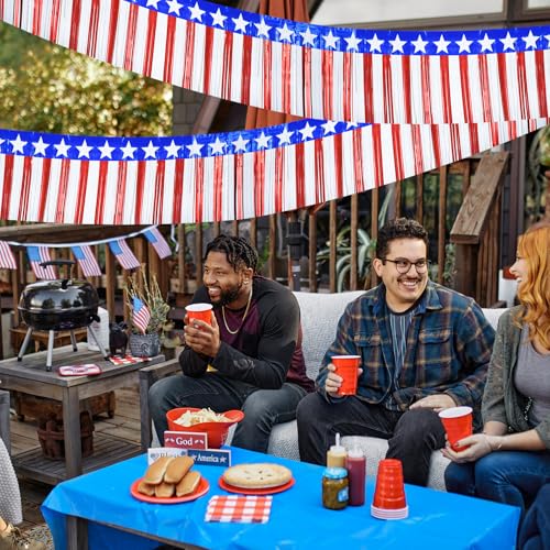 Image of 2 Strings Total 39.4 ft Patriotic Tinsel Garland - Each 19.7ft Red White and Blue Stars Fringe Garland for 4th of July, Memorial Day, Parade Float, and Party Decorations