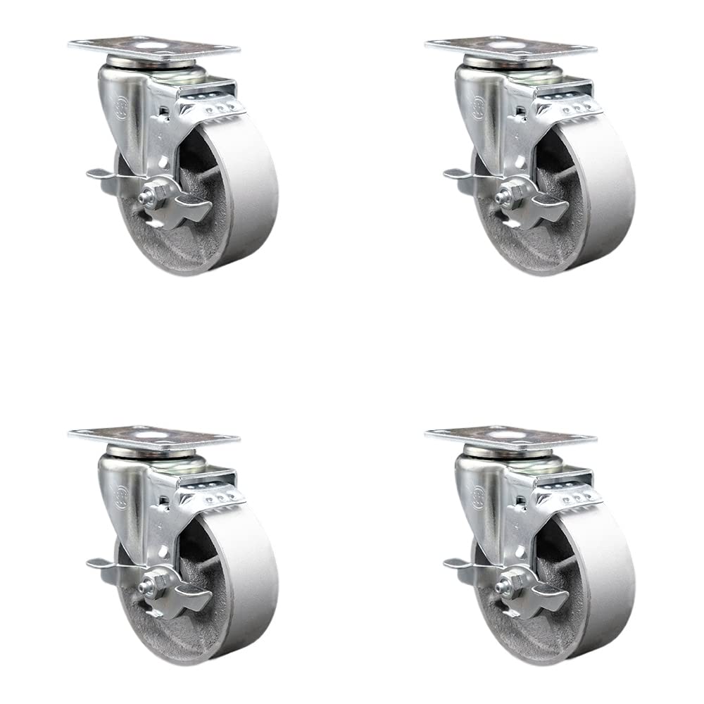 Semi Steel Cast Iron Swivel Top Plate Caster Set of 4 with 4 Inch Silver Wheels - Includes 4 Swivel with Top Lock Brakes - 1200 lbs. Total Capacity - Service Caster Brand