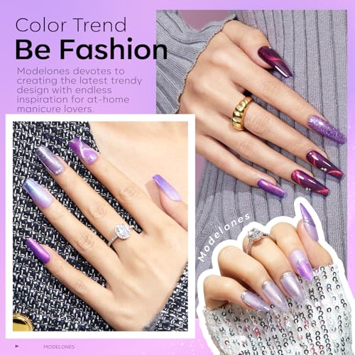 Image of modelones Gel Nail Polish Set 6 Colors Purple Silver Cat Eye Gel Nail Polish Glitter Purple Chameleon Sparkle Silver Shade Shimmer Magnet Polish Soak Off Led Nail Art DIY Salon Gift For Women Girl
