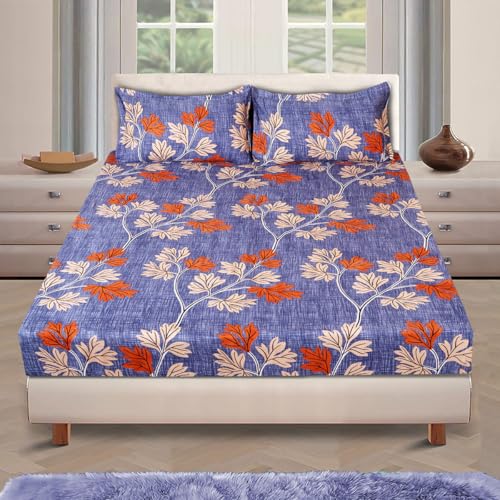 Image of ROMEE Elegant Floral Printed Glace Cotton Double Bedsheet, 144 TC Soft Feel, Queen Size (90 x 100 Inches), with 2 Pillow Covers, Blue (BDSAN101)