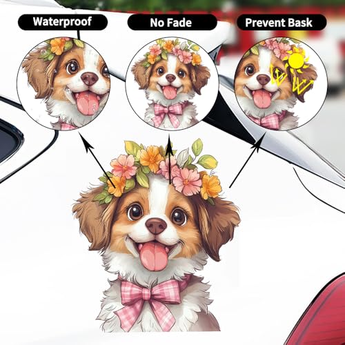 Image of Cute Animal Dog Car Sticker Waterproof PVC Double-Sided Printed Puppy Car Decal Funny Dog Peeking Decal for Car Window Bumper Truck Wall Laptop Car Decor (Flower Dog)