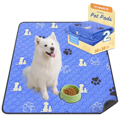Image of WanpeeGoo Washable Pee Pads for Dogs, Waterproof, 36 x 36 in, 2 Pack, Blue | Super Absorbent, Waterproof and Non-Slip; Washable, Reusable Dog Pads for Crates, Playpens, Floors, Furniture and Travel