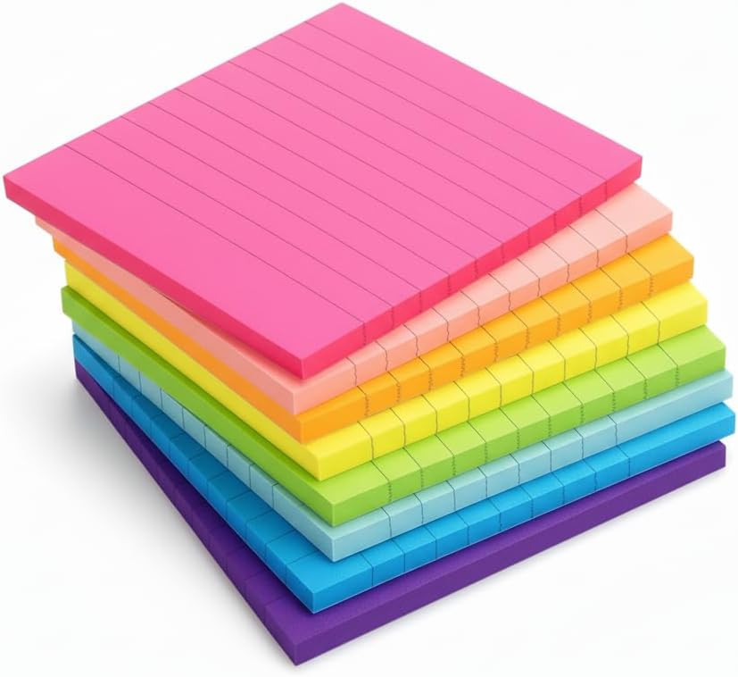 (8 Pack) Lined Sticky Notes 4x4 in Post Sticky Notes with Lines, 8 Bright Colors Self Sticky Notes, Large Ruled Sticky Note for Office, 50 Sheet/Pad