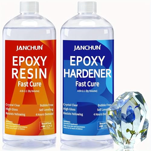 Janchun Epoxy Resin and Hardener Kit 4GL, Fast Cure, No Bubbles, No Yellow Edges Oversized Ounce Combination for DIY Epoxy Resin Crafting Enthusiasts, Jewellery Casting, River Tables,... (32OZ)
