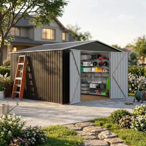 Image of Polar Aurora 10 x 10 FT Storage Shed | Outdoor Metal Shed with Updated Frame Structure, Tool Garden Sheds for Backyard Garden Patio Lawn, Black