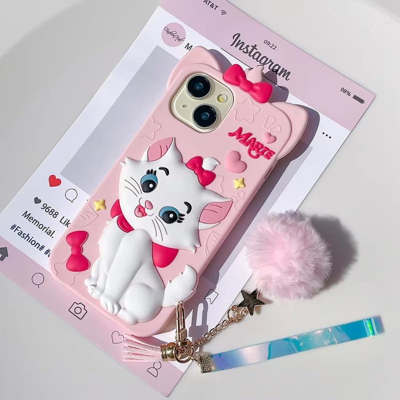 Image of COVERLY for Apple iPhone 12 Pro 3D Marie Kitty Bow Cartoon Case,Premium Silicone Case with Charm Hair Ball Furr Pendant Adorable Cat Cool Full Protective Cute Kawaii Aesthetic Cover,Pink