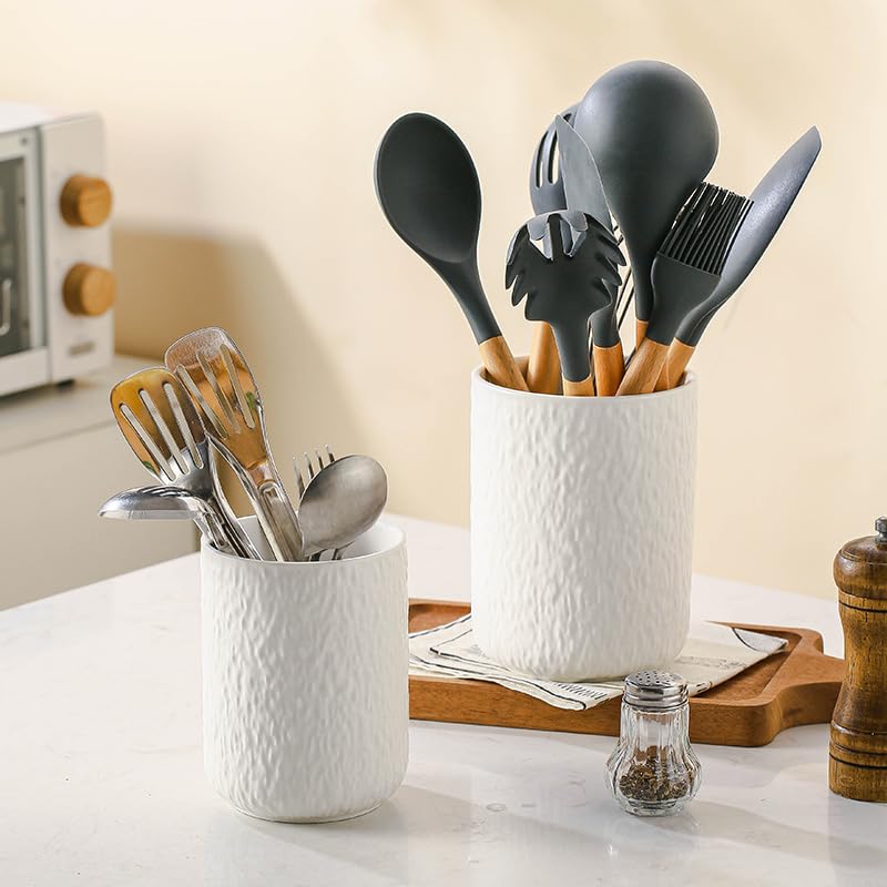 Ganwu Kitchen Utensil Holder Set of 2, Ceramic Rock Texture Kitchenware Storage Container, Countertop Organizer for Cutlery, Cooking Spoons, Utensil Holder for Kitchen Counter Storage, White