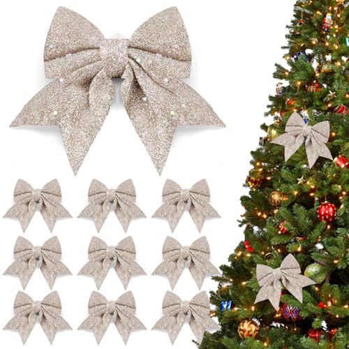 10 Stück Champagner Gold Weihnachtsschleifen, Glitzer Weihnachtsbaum...