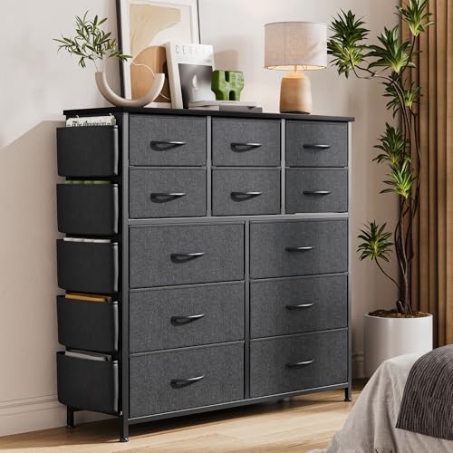 Image of 12 Dresser for Bedroom, Chest of Drawers for Bedroom with Side Pockets and Hooks, Fabric Storage Dresser, Sturdy Steel Frame, Wood Top, Easy Pull Handle (Gray)