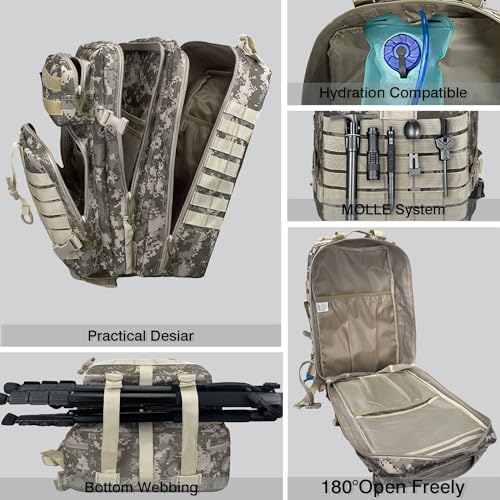 Image of Military Tactical Backpack for Men, 45L 3 Day Assault Pack, Heavy Duty Large Molle Backpack for Outdoor, Hiking, Camping, Camouflage Grey