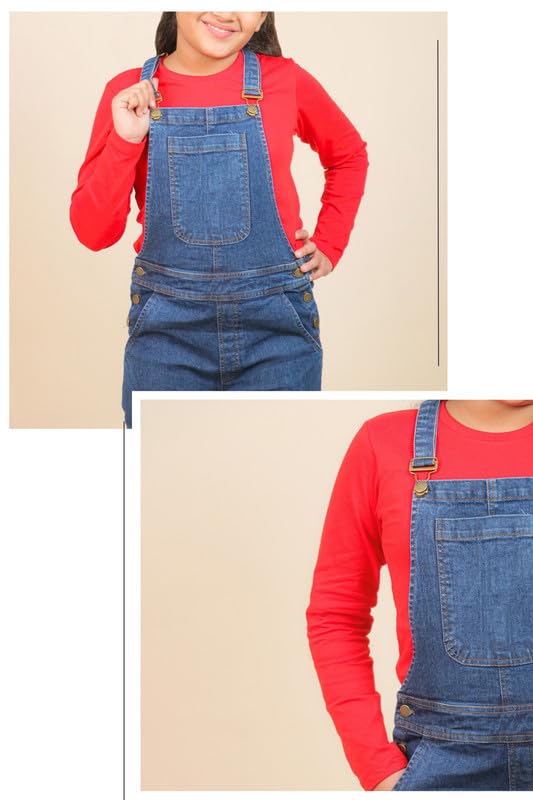 Image of Tweeny Mini Girls Pure Cotton Denim Dungaree for Kids | Relaxed Fit Full Length Overall Outfit with Pockets | Adjustable Straps