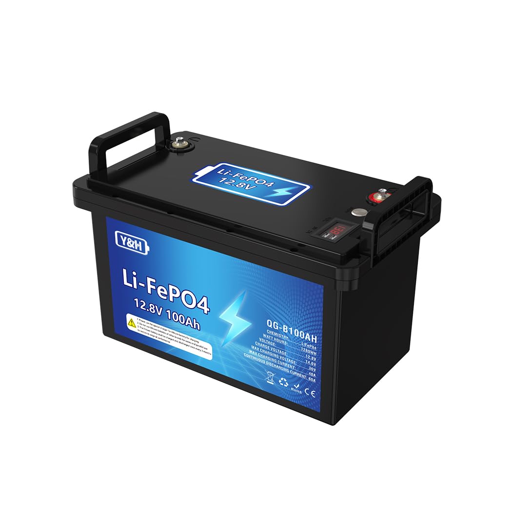 100AH 12V LiFePO4 Batterie au lithium,Max.1280Wh Energie,Port USB,Indicateur de tension en temps réel,BMS intégré,Parfait pour moteur trolling, camping, bateau, RV, stockage d'énergie maison