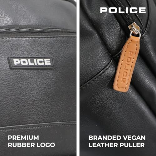 Image of Police KYLO Vegan Leather Laptop Backpack for Men & Women | 15 Inch Laptop Bag | Lightweight Stylish Office Backpack | Front Pocket | Adjustable Padded Straps | Travel Work Backpack - Black /Tan