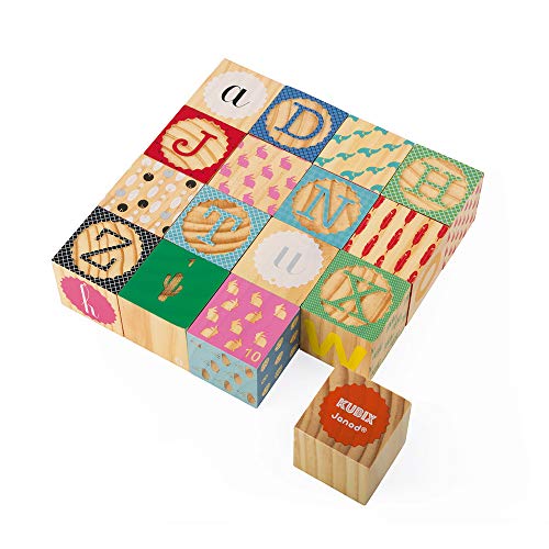 Image of Janod Kubix 16 Wooden Alphabet and Numbers Blocks - Ages 2+ - J08078