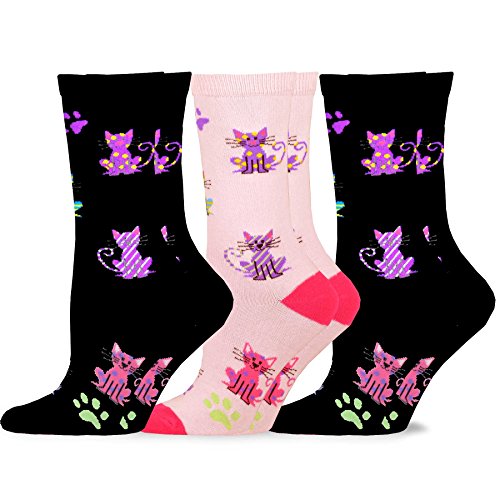 TeeHee Fun Cats Cotton Crew Socks 3-Pack (9-11, Colorful Kitties)
