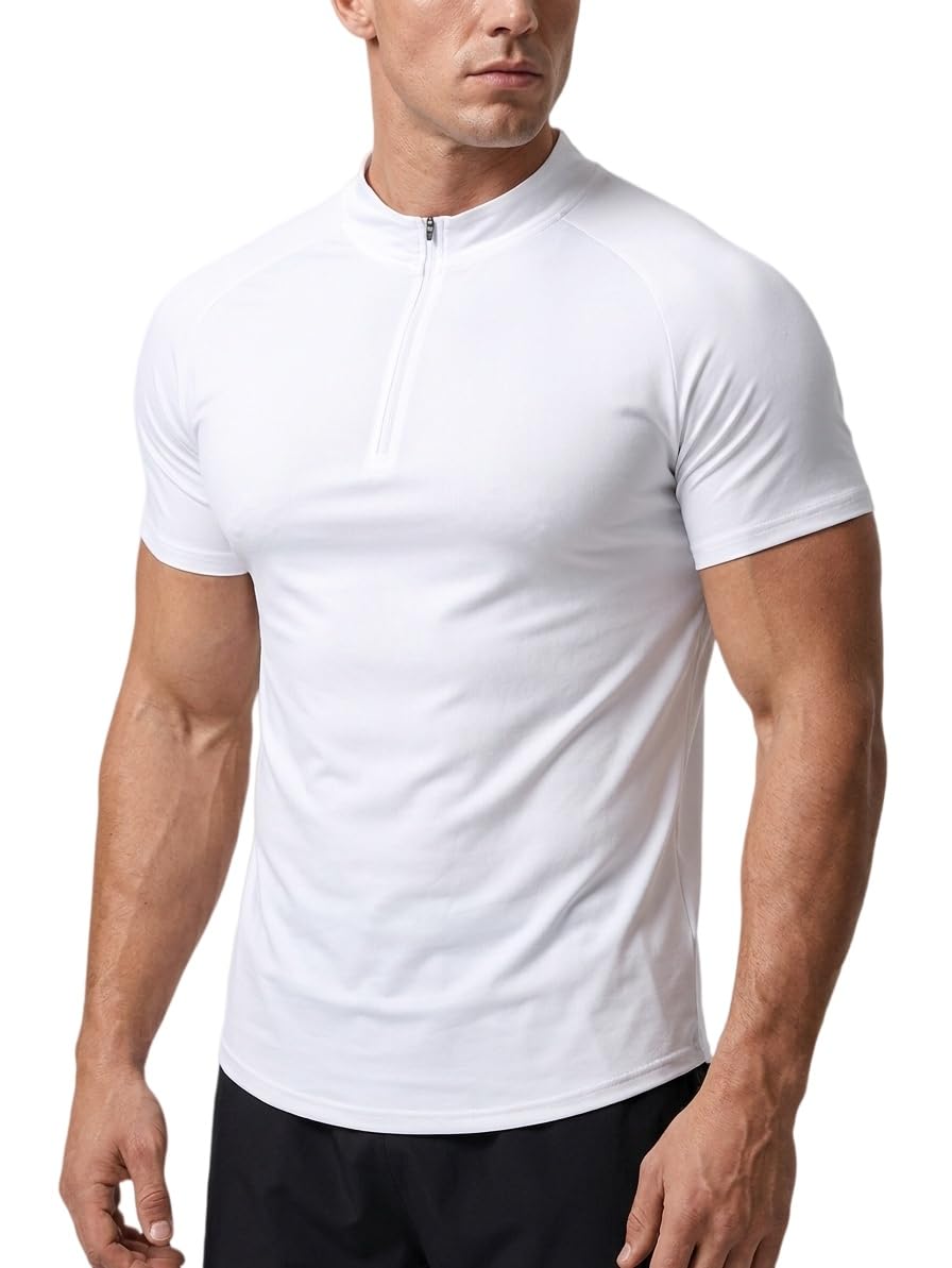 Herren-Pullover mit Viertelreißverschluss, kurzärmelig, schmale Passform, Stehkragen, dehnbares Sport-T-Shirt