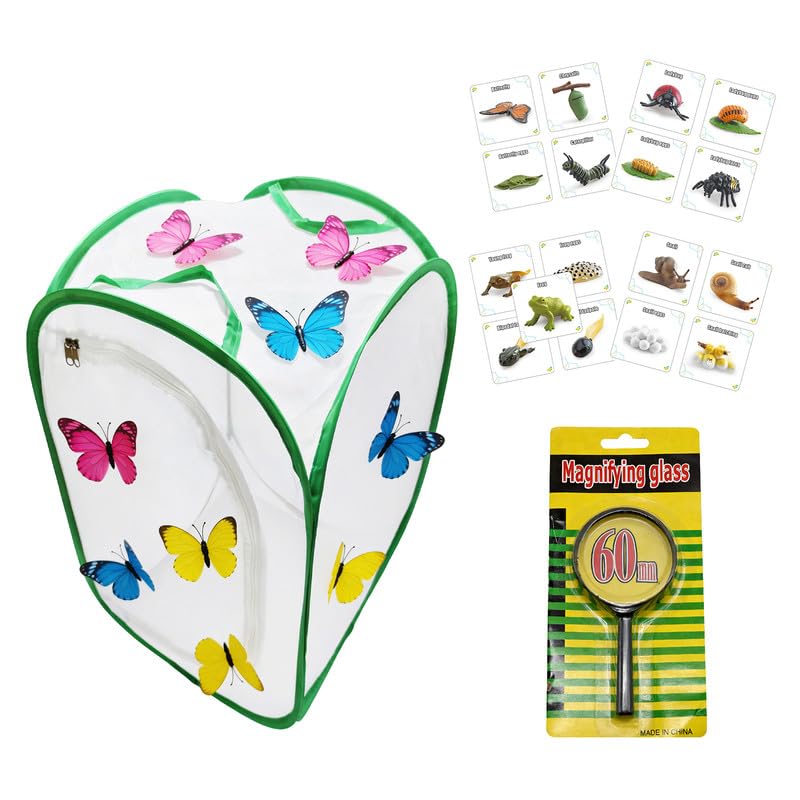 ZHAOCAI Schmetterlinge Züchten Schmetterlingshaus Faltbare Schmetterling Habitat Käfig mit Vergrößerungsglas 60mm 5x und Insekten Erkenntniskarten Schmetterling Lebensraum Schutz Käfig 60*37*40cm