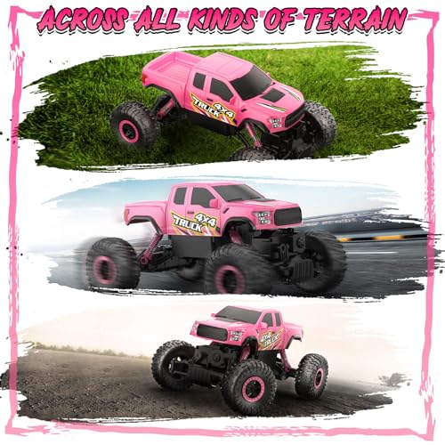 Image of Double E Pink Monster Truck Remote Control Car for Girls | Cool 4WD RC Truck Toy with Off-Road Tires, Fun Outdoor Gift for Kids Ages 6-12