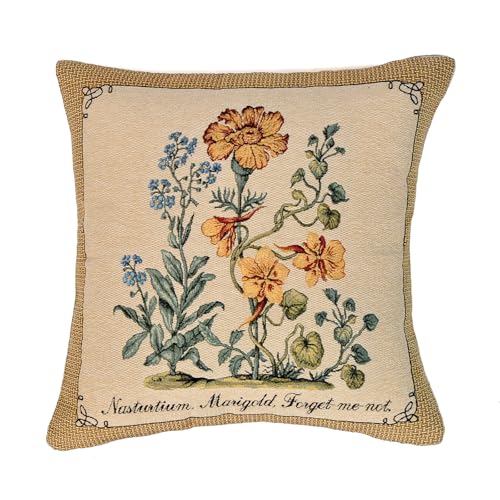 Jacquard Woven Botanical Pillow Cover | Square Vintage Floral Tapestry Cushion Case for Sofa Couch Bed Decor | Rustic Farmhouse Home Accent Throw Pillow Sham 18x18 Inch (Orange - Blue Floral Sketch)