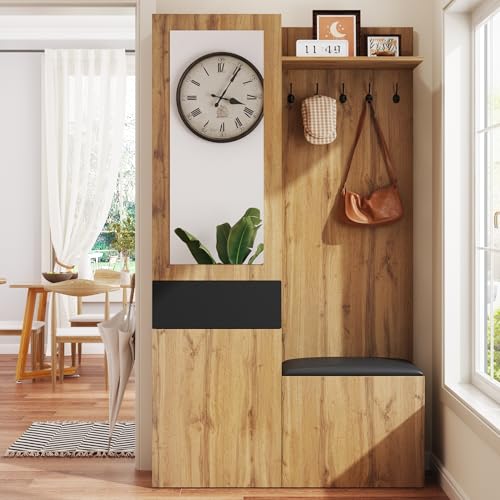 boorbin Juego de perchero con 5 percheros, espejo, zapatero, armario empotrado con estantes superiores, cajones, estantes superiores, banco de almacenamiento (color madera)