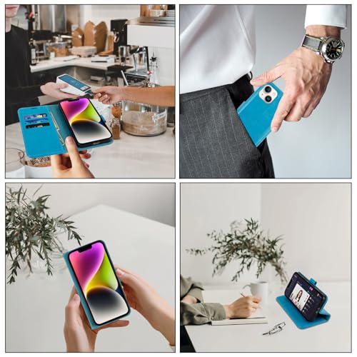 Image of MONASAY Vegan Leather Fit for iPhone-14 /13 5G Wallet Case, 6.1-inch, [Glass Screen Protector Included] [RFID Blocking] Flip Folio Phone Cover with Credit Card Holder,Light Blue