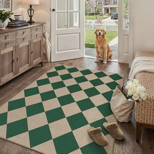 4x6 Checkered Easy Jute Area Rug for Living Room Checkerboard Washable Indoor Outdoor Carpet Farmhouse Patio Office Mat Geometric Non Slip Green Carpe