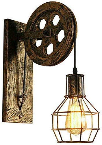 LEDSone Industrielle Vintage-Wandleuchte für Loft-Räume, Retro-Loft-Riemenradlampe mit Drahtkäfigschirm (gebürstetes Kup