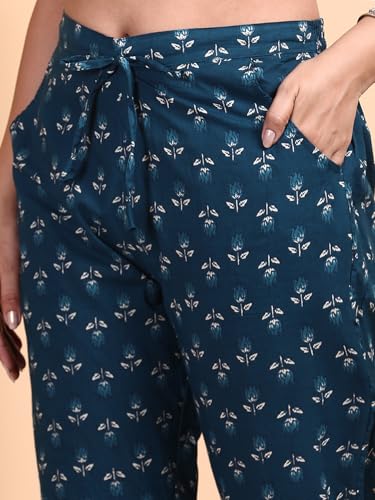 Image of ishin Indigo Floral printed angrakha tie-up kurta with pants and printed dupatta | Kurta set for women | Kurta with trousers and dupatta