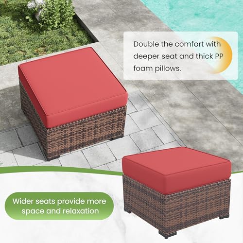Image of Amopatio 2 Pieces Outdoor Ottoman for Patio, Foot Rest for Couch, All Weather Outdoor Patio Footstool Rattan Patio Ottoman with 4 inch Thick Removable Cushion (Burgundy)