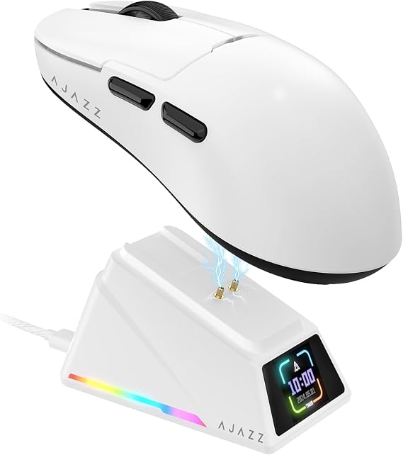A.JAZZ AJ159APEX 8Khz Wireless Gaming Mouse Ultralight 56g With Magnetic Screen Charging Dock 42000DPI PAW3950 Sensor Tri Mode BT/2.4Ghz/Type-c Wired Programmable For Esport FPS PC Mac Gamer(White)