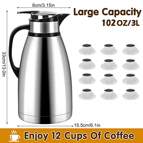 102 Oz Thermal Coffee Carafe, 3 Liter Stainless Steel Thermos Carafe, Double Wall Insulated Coffee Server, Fully Sealed Coffee Thermos Dispenser Keep Hot 12 Hours, Vacuum Thermal Pot for Coffee, Tea