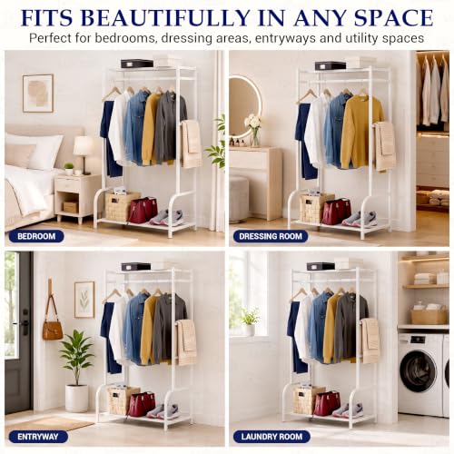Image of Lukzer Metal Cloth Stand with Bottom Shelf | Freestanding Garment Stand for Hanging Clothes, Towels & Shoes | DIY Storage Organizer Rack for Bedroom, Laundry, Balcony & Entryway (White /80x150x43 cm)