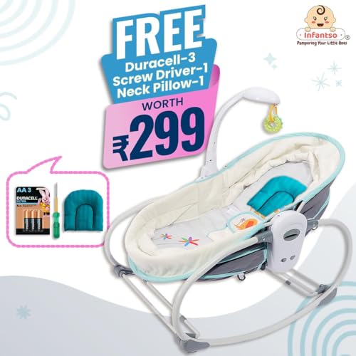 Image of Infantso 5 in 1 Premium Baby Rocker for 0 to 2 Years, Chair for Newborn with Neck Pillow, Calming Vibrations, Music & Hanging Toys, 3 Position Adjustable Backrest Toddler Swing