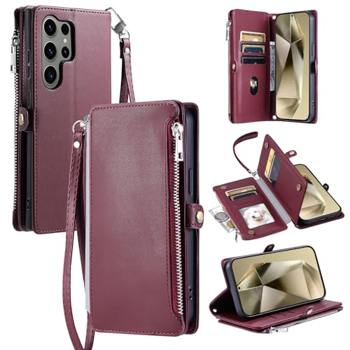 Samsung Galaxy S25 Edge用ジェネリックケース(カラー:ワインレッド)レザージッパーウォレットフリップバックケースCroosbodyストラップ