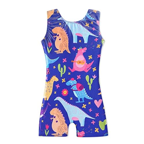 HOZIY Gymnastics Leotards with Shorts for Girls Toddlers Kids Biketard Tumbling Outfits Sparkle Unicorn Leopard Galaxy 4-5T Blue Dinosaur