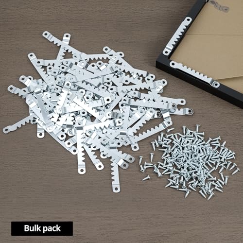 Image of QWORK Sawtooth Hangers Large with Screws, 100 Pcs, Steel with Zinc Finish, Includes 200 #6 x 1 /2 inch Screws, Canvas and Picture Frame Hangers