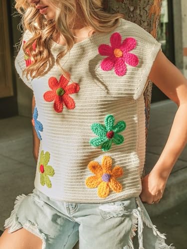 Esmeling Women’s Cap Sleeve Sweater Vest Crew Neck Sleeveless Casual Tops Crochet Flower Embroidery Knit Top4