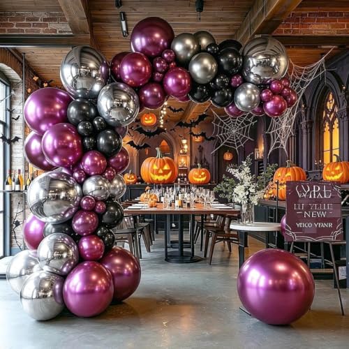 Image of Double Stuffed Black Purple Balloon Arch 4D Silver Round Foil Balloon Kit | Plum Black Silver Balloon Garland For Wednesday Halloween Vampire Gothic Birthday Graduation Prom Party Decoration