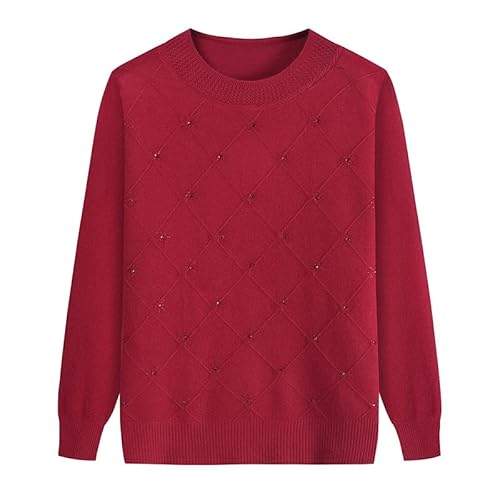 YONGHONGKEJI Pull Tricoté pour Femme D'Âge Moyen et Âgée Pull pour Femme Âgée Grille De Diamants en Strass Sweat Léger Sweat Shirt Doux pour Maman Cadeaux pour Grand Mère Rouge Vin M
