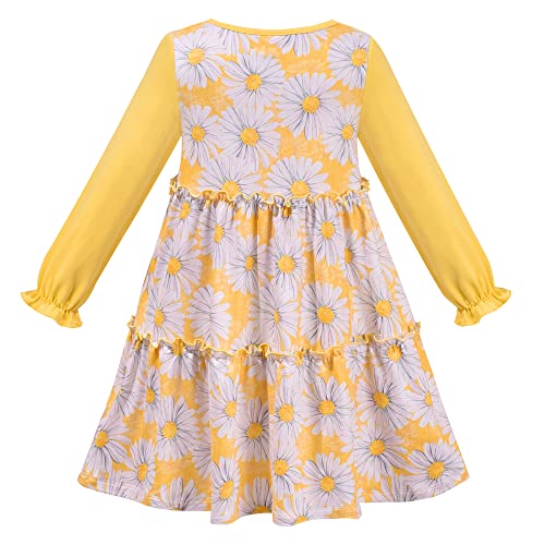 Sunny Fashion Girls Dress Yellow Daisy Floral Square Collar Layered Ruffle Long Sleeve2