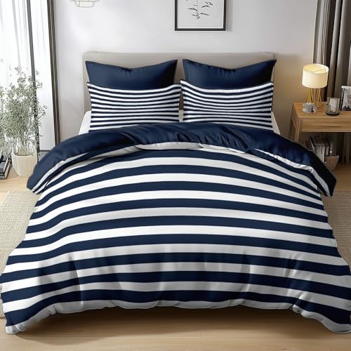 Cot-bed Duvet Cover Set – All-Season Reversible Quilt Cover with Pillowcases, Microfibre Zipper Closure, Nautical Themed Horizontal Stripes Bedding for Kids Adults Bedroom, Navy Blue