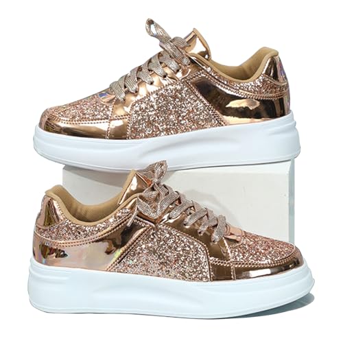 Women's Stylish Glitter Tennis Sneakers, Slip-on Sneakers, Women's Comfortable Crystal Glitter Breathable Lace-up Walking Dress Shoes.Thick Sole Sneakers for Women