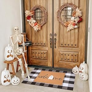 Halloween Door Mat Combo Set, Welcome Ghost Coco Coir Welcome Doormat + 28" x 43" Black and White Plaid Rug, Autumn Halloween Front Porch Entryway Decor Floor Mat Halloween Door Mat Combo Set Welcome Ghost Coco Coir Welcome Doormat 28 x 43 Black and White Plaid Rug Autumn Halloween Front Porch Entryway Decor Floor Mat