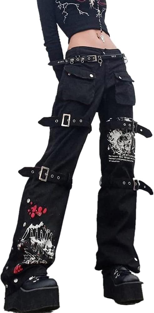 Harajuku Gothic Fashion Patchwork Black Jeans Punk Grunge Aesthetic Women Autumn Electro Pants Emo Printed Streetwear