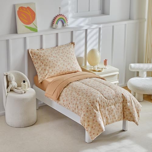 Image of DuShow Toddler Bedding Set for Girls and Boys,4 Piece Bed-in-a-Bag Toddler Comforter Sets,Orange Floral Crib Bedding Sheets Set,Include Quilt Comforter,Flat Sheet,Fitted Sheet,Pillowcase
